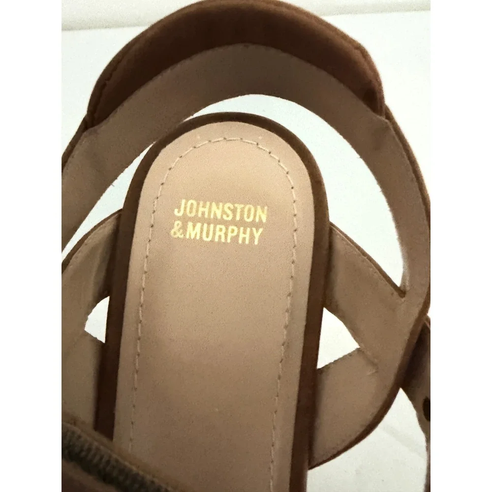 Johnston & Murphy Wedge Sandals Sz 7 Tan Leather Cork Platform Peep Toe Boho